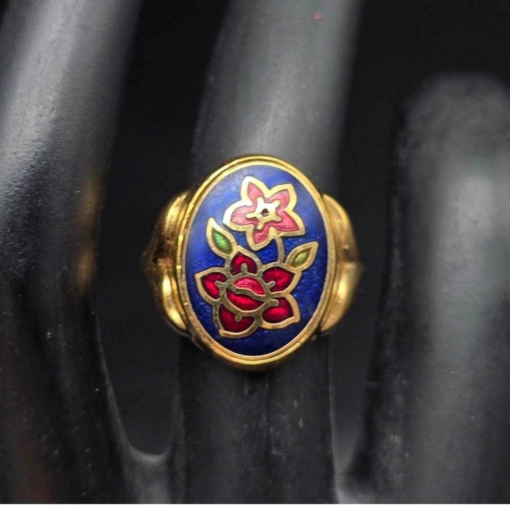 Avon Cloisonne Ring Blue Floral Size 5.5 Vintage Jewelry